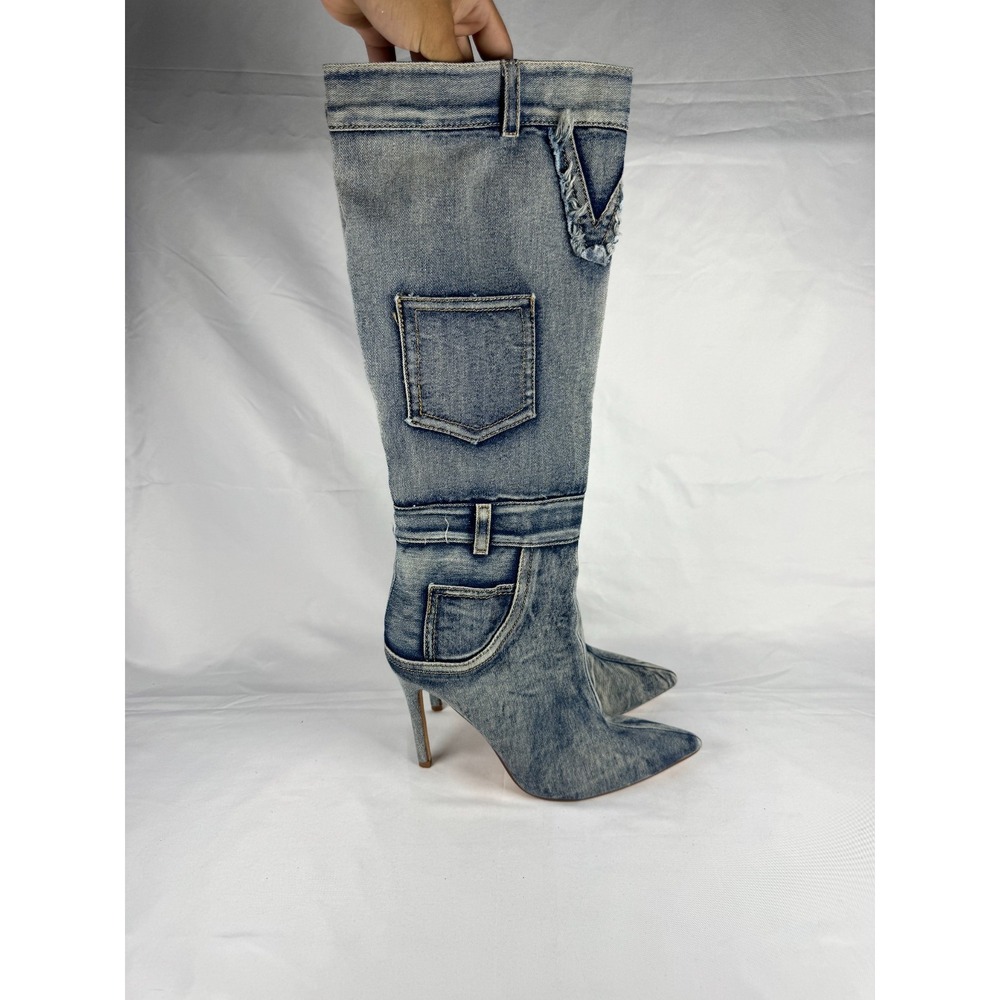 Womens Boots US 7 Blue Denim Jean Knee High Pointed Toe Stiletto Heel Riding